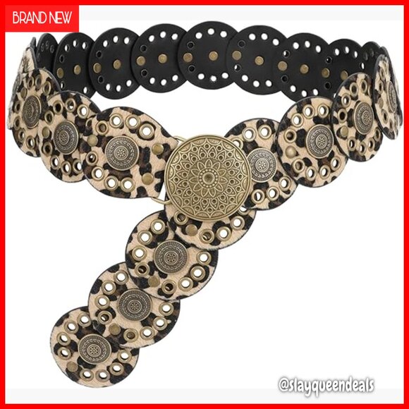Vintage Western Disc Belt PU Leather Boho Waist Belt for Dresses Jeans